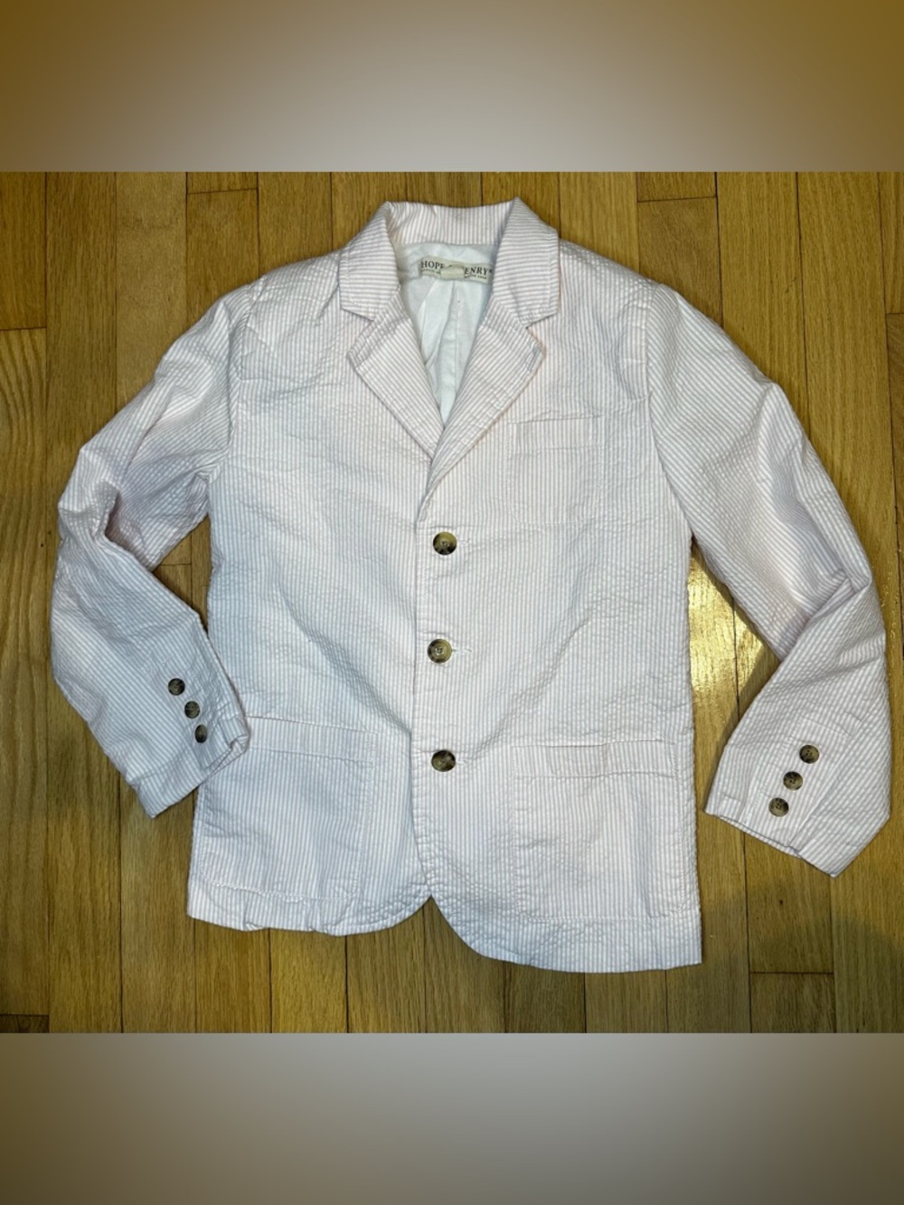 Hope & Henry Size: 7 Light Pink and White Seersucker Blazer